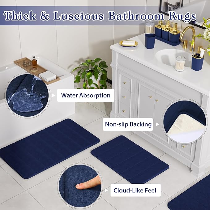 Bathroom Sets with Shower Curtain and Rugs, 27PC Bathroom Accessory Set, Blue Bathroom Set, Navy Blue Bathroom Accessories Set with Trash Can, Toilet Brush and Soap Dispensers