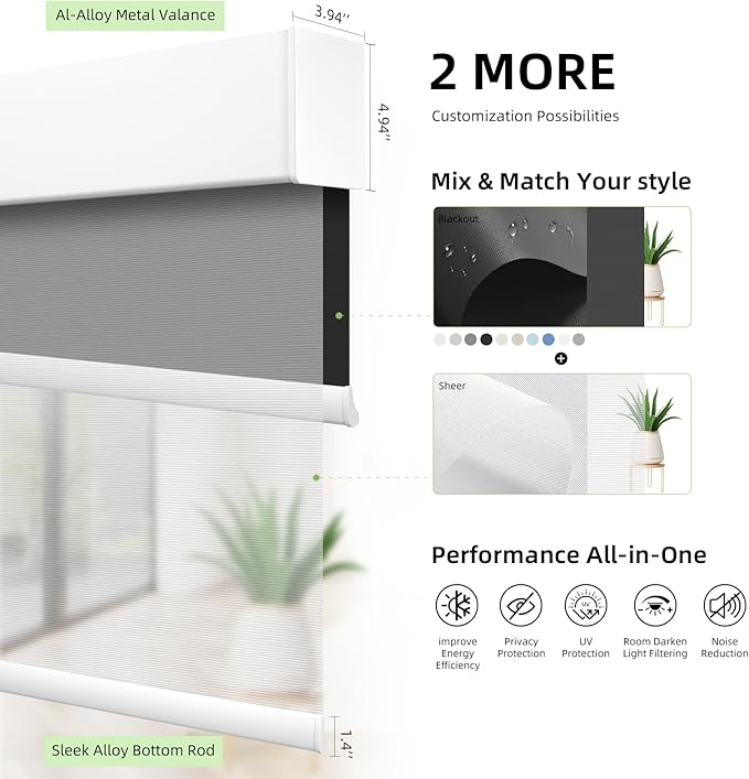 ZSTARR Motorized Day and Night Dual Smart Blind for Window with Valance Rechargeable Motor,Blackout Roller Shade Custom Size,with Valance Suitable for Home,Office (Full Blackout Black)