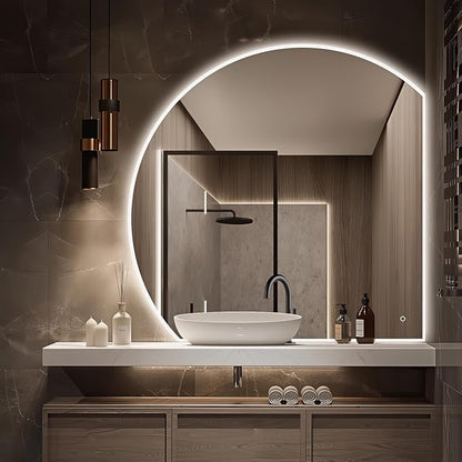 Niccy Half Moon LED Mirror for Bathroom, 28" Backlit + Front Lit Lighted Semi Round Makeup Mirrors for Wall, Anti-Fog, Dimmable 3-Colors, Memory Function, Shatterproof Smart Vanity Mirror