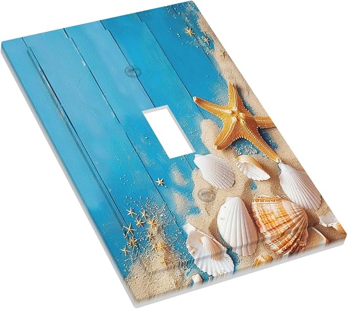Decorative Light Switch Cover Blue Wood Grain Beach Shell Starfish 1 Gang Single Toggle Device Electrical Faceplate Switchplates Decorator Outlet Wall Plate for Bathroom Farmhouse Decor
