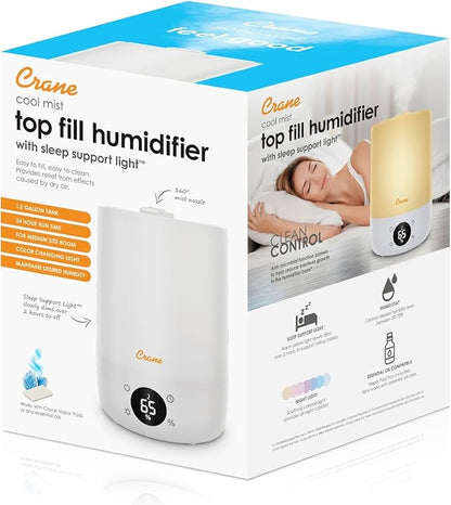Crane Ultra-Quiet 3-in-1 Humidifier, Essential Oil Aroma Diffuser & Soothing Sleep Light - Compact 1.2 Gallon Capacity with Adjustable Night Light & Fragrance Tray - Ideal for Bedroom and Office