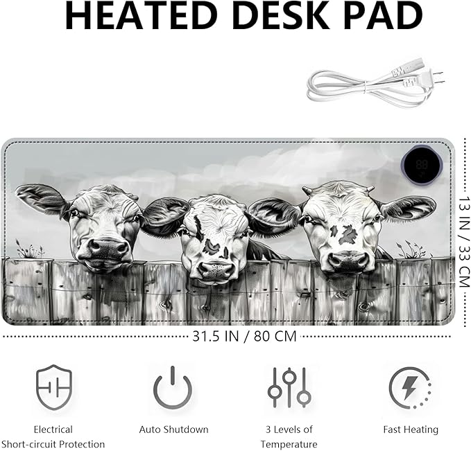 Heated Mouse Pad with 3 Levels Heated & 3 Hours Auto Shut-Off Mouse Pad for Warming Hands in Office Home, 31.5" x 13"Large Safe Desk Mat Hand Warmer，Three Lovely Cows