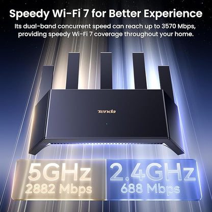 Tenda BE3600 Dual Band WiFi 7 Router (RE3L)– 3x1G Ports, Easy Setup, Security Protect, Parental Control, Access Point Mode, Vertical Design, MLO, VPN, NFC