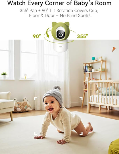 Outinput Baby Monitor with Camera and Audio, 2K 4MP Indoor Security Camera for Home, 360° PTZ, AI Crying & Feeding Alerts, Night Vision with Gentle Light, Soothing Lullabies, 2-Way Audio