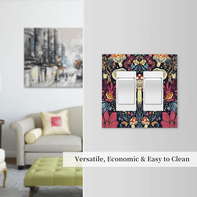 Decorative Outlet Covers Coloful Red Yellow Orange Magical Mushroom Forest 2 Gang Double Rocker Light Switch Cover Plate Electrical Switch Plate Cover Decorate GFCI Wall Plate for Bedroom Home Decor