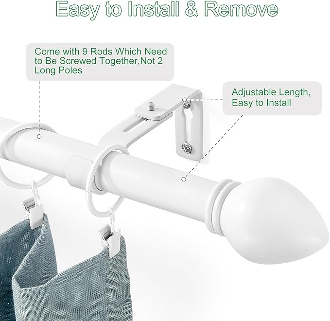 Curtain Rods for Windows 16 to 136 inches, Curtain Rod Max Adjustable Length to 146 in, Drapery Rod 1 inch Diameter with Modern Knobs Finials (White, 16" to 136" - Set of 1)