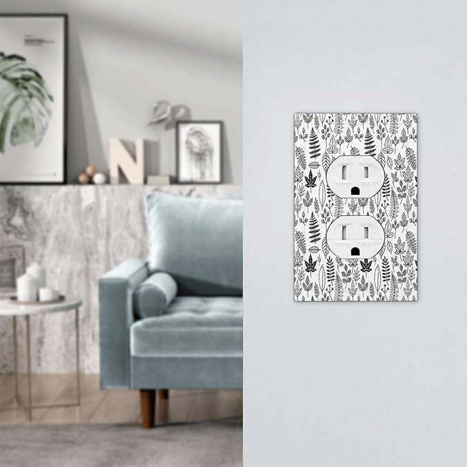 Black White Leaf Wheat Maple Leaf Plant Outlet Covers 1 Gang Duplex Light Switch Cover Wall Plate Decorative Switch Plates Electrical Receptacle Faceplate for Bedroom Bathroom Decor