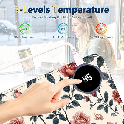 Heated Mouse Pad with 3 Temperature Settings(104°F–122°F),Large 24x14.2 Inch PU Leather Heated Desk Mat,Waterproof Warming Pad for Office,Gaming & Cold Hands Relief,Retro Flowers