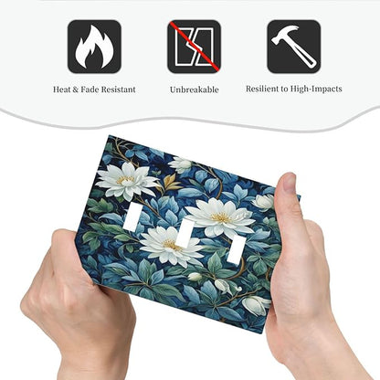 White Flowers Green Leaves Light Switch Covers 3 Gang Triple Toggle Wall Plate Decorative Switchplate Electrical Faceplate for Farmhouse Living Decor