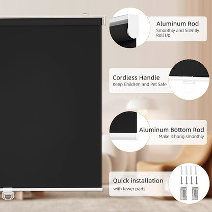 ChrisDowa Cordless Blackout Roller Shades for Windows, Thermal Insulated UV Protection Pull Down Shades, Total Blackout Window Blinds for Home, Office, Bedroom, Door (44" W x 72" H, Black)