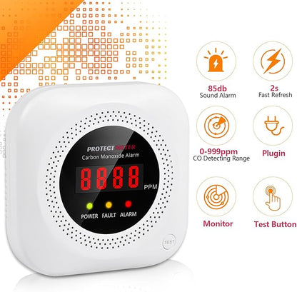 Carbon Monoxide Detectors, 2 Pack Protectmeter Portable Carbon Monoxide detectors Plug in Wall for Travel, Portable Carbon Monoxide Detector for Home/Hotel Room/RV with AC Socket with Digital LCD