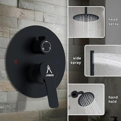 Shower System Shower Faucet Set Rainfall Shower Set with Valve 12+6" Dual Rain Shower Head with Handheld Ceiling Mount Wall Mount Shower Head Shower System, Matte Black