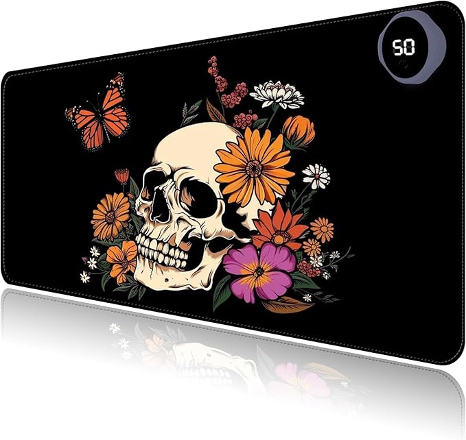 Heated Mouse Pad with 3 Levels Heated & 3 Hours Auto Shut-Off Mouse Pad for Warming Hands in Office Home, 31.5" x 13"Large Safe Desk Mat Hand Warmer，Art Skull
