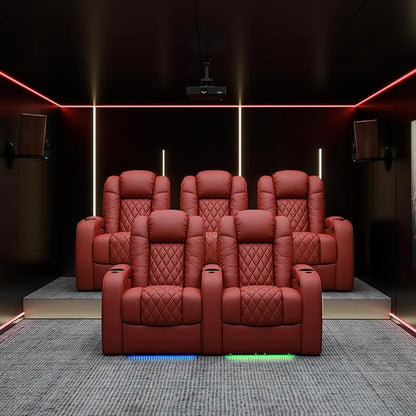 Weilianda Home Theater Seating Top Grain Leather Zero Gravity Recliner Chair Power Headrest Recline Movie Seat Gaming 7 Colors Mood Light Sofa with Tray Table USB Charge Row of 2 Loveseat Red