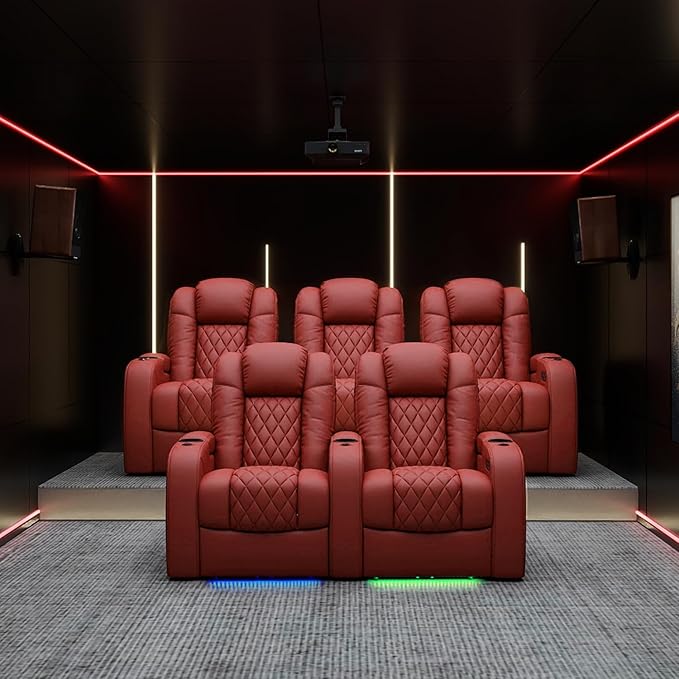 Weilianda Home Theater Seating Top Grain Leather Zero Gravity Recliner Chair Power Headrest Recline Movie Seat Gaming 7 Colors Mood Light Sofa with Tray Table USB Charge Row of 3 Loveseat Right Red