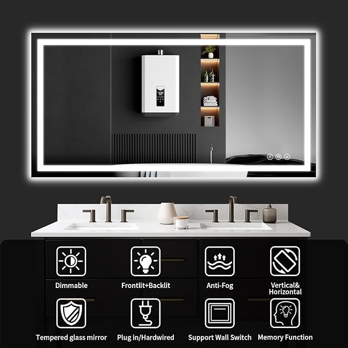 36"x48" LED Bathroom Mirror with Lights, Dimmable, Anti-Fog, Lighted Bathroom Vanity Mirror for Wall, Backlit + Front Lit, Memory Function, Shatter-Proof, Tempered Glass