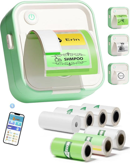 Label Maker Machine, HD Mini Sticker Printer with 7 Rolls Paper, Portable Thermal Print Pod Supports 12-57mm Papers, Bluetooth Pocket Printer for Home, Kitchen, School (Green)