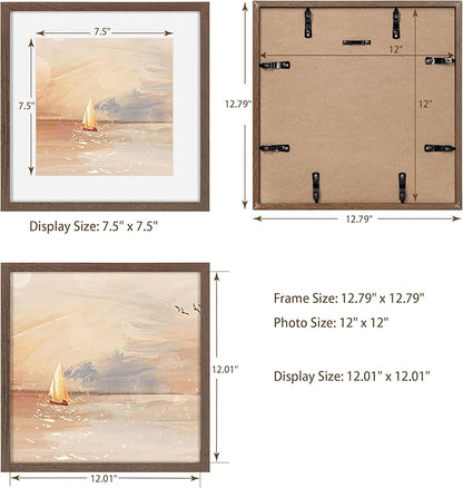 Square 12x12 Picture Frame, Oak Wood Frame 12 by 12, 12"x12" Photo Frames for Wall, 12 x 12 Picture Frame with Mat for 8 x 8, 12x12 Collage Wall Gallery Frame, Tempered Glass - Walnut Color, 1 Pack