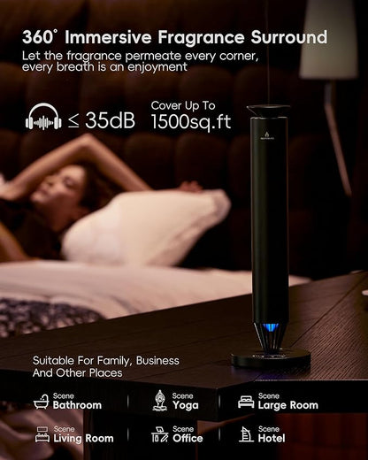 Waterless Scent Diffuser Starter Kit - 1500 Sq Ft Coverage, Alloy Atomization System,Mood Light,Smart Rechargeable Hotel Scent Diffuser, Including 120ml Essential Oil, for Home,Large Room,Spa,Black
