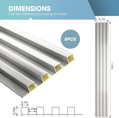 OUZUGIE WPC Acoustic Slat Wall Paneling, 8-Pack 114 x 6 Inches 3D Wall Panels for Interior Wall Decor,Living Room,TV Background,Study Room,Office Spaces,Bedroom,High Grille (Metallic Silver)
