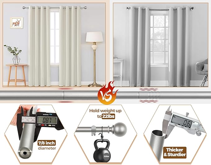 KAMANINA 2 Pack Curtain Rods for Windows 48 to 84 Inch (4-7ft), 7/8 Inch Single Heavy Duty Window Curtain Rod Adjustable Decorative Drapery Rods with Round End, Antique Silver