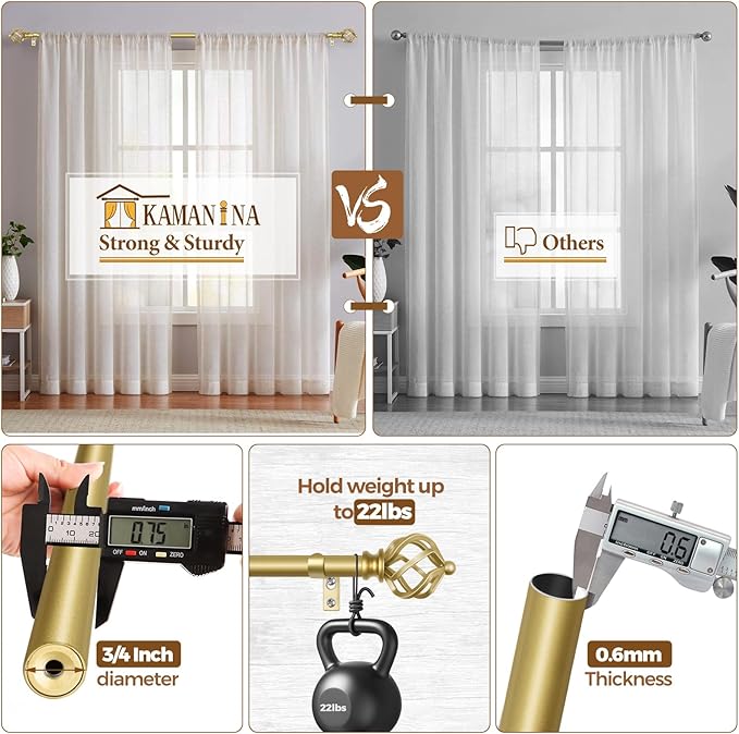 KAMANINA Gold Curtain Rod 32 to 58 Inch(2.6-4.8ft), Adjustable Curtain Rods for Windows 28 to 48 Inch, 3/4 Inch Splicing Drapery Rods with Twisted Cage Finial