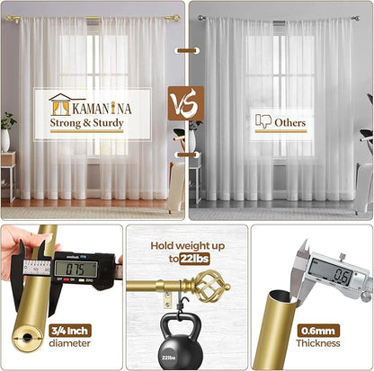 KAMANINA Gold Curtain Rod 32 to 58 Inch(2.6-4.8ft), Adjustable Curtain Rods for Windows 28 to 48 Inch, 3/4 Inch Splicing Drapery Rods with Twisted Cage Finial