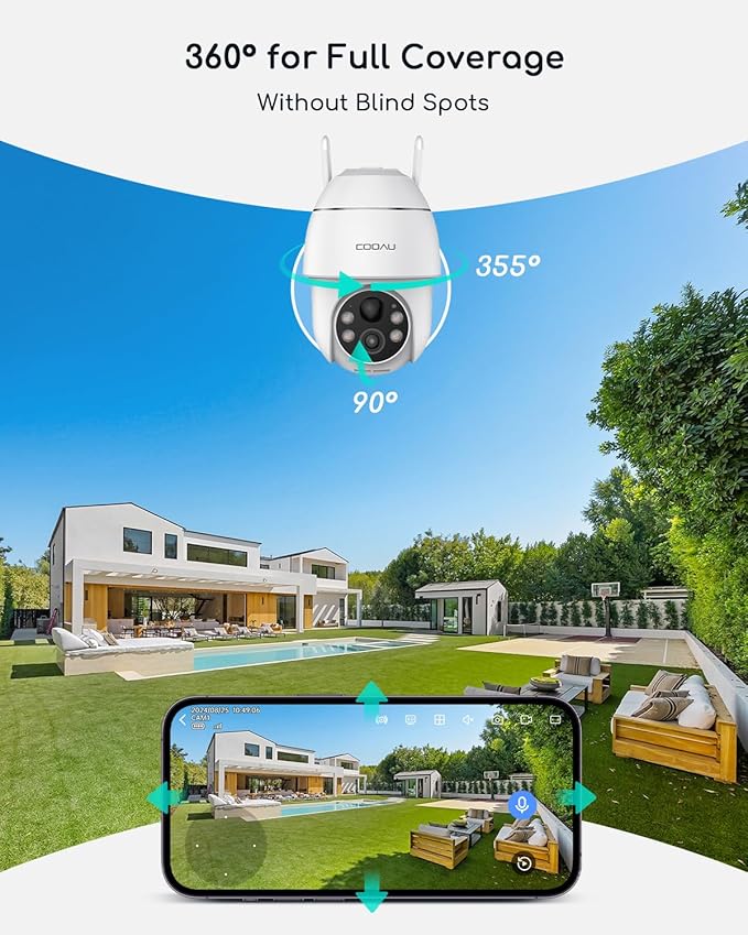 COOAU 4MP Cameras for Home Security, Solar Security Camera Wireless Outdoor System,4 Cam-Kit,360° Pan & Tilt,Color Night Vision,Motion Detection,No Monthly Fee,Siren Alarm,IP66,64GB Memory Card