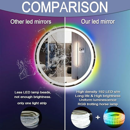 30 Inch LED Bathroom Mirror With Front Light 3 Colors + Rainbow RGB Color Changing Backlit Round Lighted Mirror for Wall Anti Fog 30" Smart Circle Mood Light up Mirror