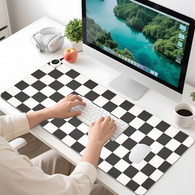 Checkered Black and White Heated Desk Pad Mouse Pad 31.5x13 Inch PU Leather Desk Mat with 3 Heat Levels Large Mouse Gaming Computer Laptop Mat