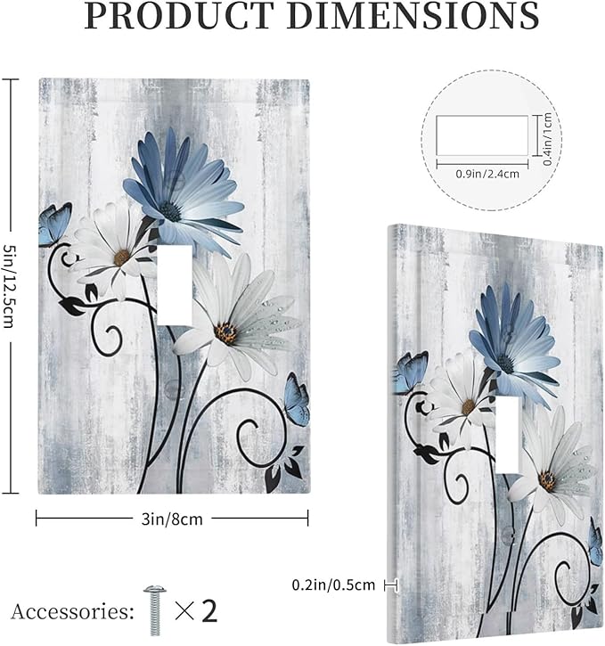 Decorative Light Switch Cover Plate Rustic Blue White Daisy Ink Flower 1 Gang Single Toggle Wall Plates for Electrical Outlets Outlet Covers Switch Plate Covers for Bedroom Home Decor