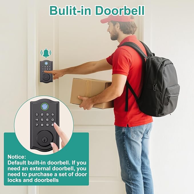 Smart Front Door Lockset, Keyless Entry Deadbolt with Handle, Fingerprint/App/Code/Key Unlock, Anti-Peeping Keypad, Auto-Lock, Easy Install