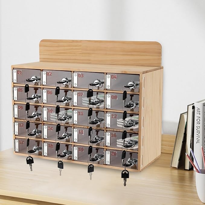 Cell Phone Locker Box 20 Slots Cell Phone Organizer Cabinet with Combination Locks Wall-Mounted Locking Cell Phone Storage Box for Classroom Office,Shool,Office (20 Slots, Wood+Acrylic)