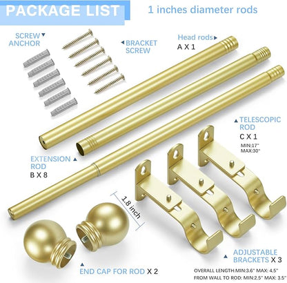 Curtain Rods for Windows 16 to 150 Inches, Curtain Rod Max Adjustable Length of 160 IN, 1" Diameter Drapery Rods Round Finials, Warm Gold, Pack of 1