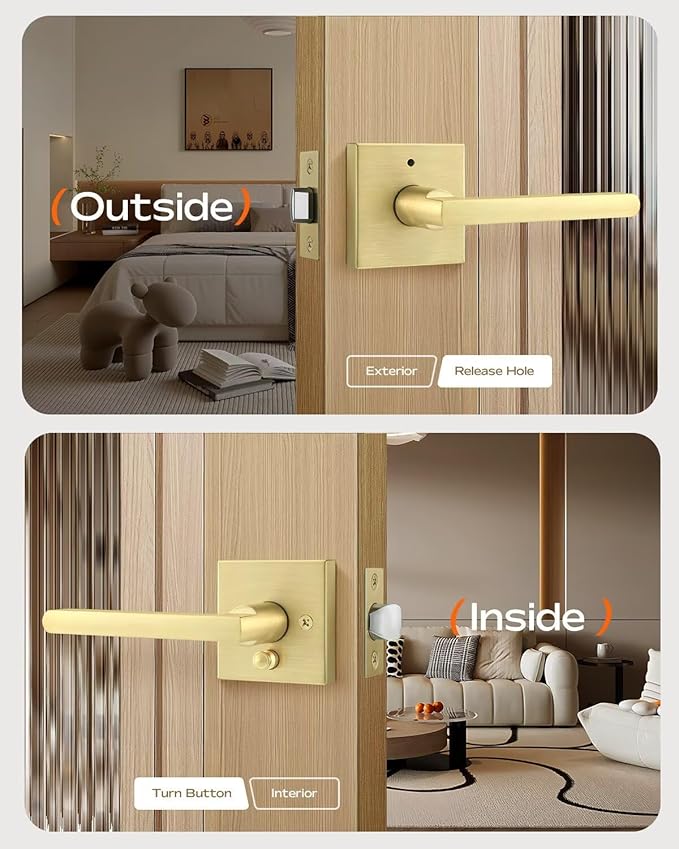 Leydebong 1 Pack Gold Door Handles, Keyless Privacy Door Levers Bed and Bath Leverset Lockset, Universal Handing with Square Door Knobs, Satin Brass Finish