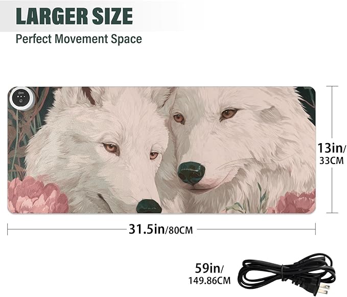 Heated Desk Pad Mouse Pad 31.5x13 Inch PU Leather Desk Mat with 3 Heat Levels Large Mouse Gaming Computer Laptop Mat White Wolves Peony Flowers