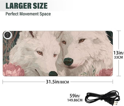 Heated Desk Pad Mouse Pad 31.5x13 Inch PU Leather Desk Mat with 3 Heat Levels Large Mouse Gaming Computer Laptop Mat White Wolves Peony Flowers