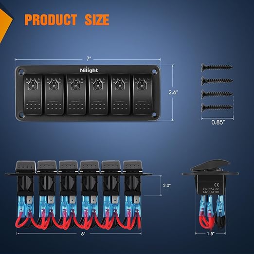 Nilight 6 Gang Rocker Switch Panel with Purple LED Light 5 Pin On Off Pre-Wired Aluminum Toggle Switches Waterproof for 12V/24V Cars Marine Boats ATVs Trailers RV Trucks