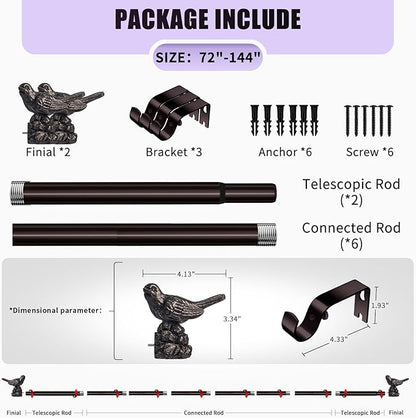 Curtain Rods 72 to 144 Inches Vintage Oil Bronze Curtain Rods for Windows Adjustable Heavy Duty Drapery Rod with Bird Finials for Living Room Bedroom