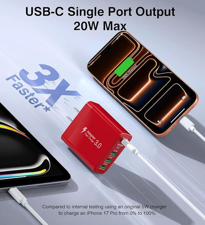 [2-Pack] USB C Wall Charger, 60W Fast USB C Charger Block, 5-Port PD Power Adapter + QC Wall Plug Multiport Type C Charging Block Cube Compatible with iPhone 17 16 15 14 13 12 Pro Max XR XS, Red