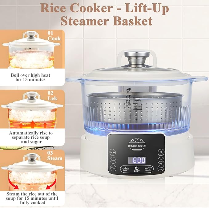 Low Carb Rice Cooker,3L Multifunction Smart Rice Cooker - 4H Keep Warm,Digital Display,Timer & Reservation Function,Suitable for Cooking,Simmering,Stewing,and Steaming(3L,Beige)