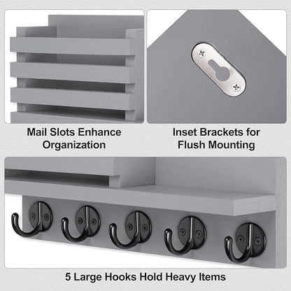 Key Holder for Wall – Decorative Wooden Mail Holder and Key Shelf with Mounting Hardware, Installation Guide – Paulownia Wood with 5 Metal Key Hooks (11.8” x 6.7” x 2.8”)