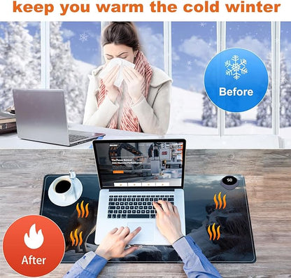 Heated Mouse Pad for Desk 31.5" x 13" – PU Leather Warm Desk Pad with 3 Heat Levels (104°F/113°F/122°F), Plug-in Electric Heating Mat with Auto Shut-Off, Waterproof & Rollable, Lone Wolf