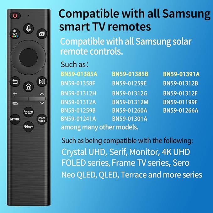 BN59-01385A Solar Voice Remote Control Replacement for Samsung TV Remote with 4 Shortcut Buttons, Compatible with Samsung Smart TVs 4k 8K Ultra HD Neo QLED, The Frame and Crystal UHD Series