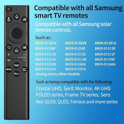 BN59-01385A Solar Voice Remote Control Replacement for Samsung TV Remote with 4 Shortcut Buttons, Compatible with Samsung Smart TVs 4k 8K Ultra HD Neo QLED, The Frame and Crystal UHD Series