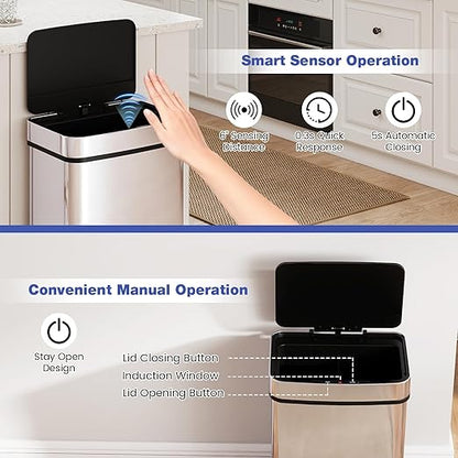 Goplus 16 Gal Automatic Trash Can, Stainless Steel Motion Sensor Trash Can with 2 Compartments, Quick Response & Soft Close Lid, Touchless Compact Garbage Bin for Kitchen, Bedroom, Bathroom and Office