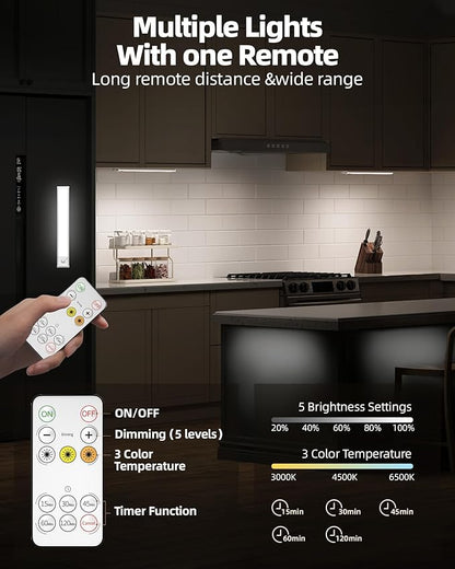 2Pack 12inch Under Cabinet Lighting, Rechargeable Motion Sensor Light Wireless Indoor, Dimmable 3 Color Temps Closet Lights with Remote, Under Counter LED Lights for Kitchen, Stairs