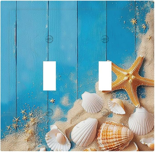 Decorative Switch Plates Blue Wood Grain Beach Shell Starfish 2 Gang Double Toggle Outlet Light Switch Cover Wall Plate Electrical Faceplate for Bathroom Farmhouse Decor