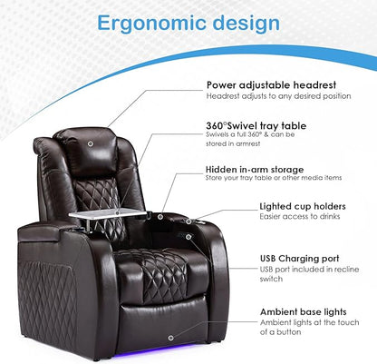 Weilianda Home Theater Seating Top Grain Leather Zero Gravity Recliner Chair Power Headrest Recline Movie Seat Gaming 7 Colors Mood Light Sofa with Tray Table USB Charge Row of 5 Brown