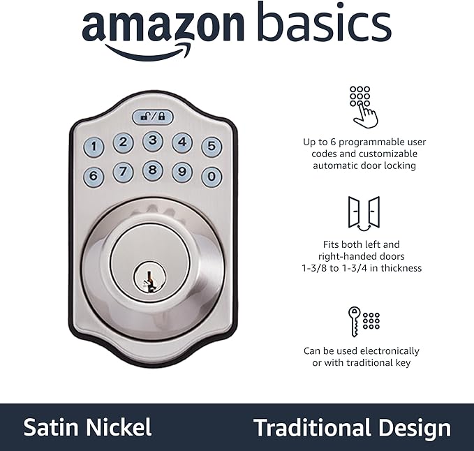 Amazon Basics Electronic Keypad Deadbolt Door Lock with Touch-Control Keyless Entry Door Lock, Keyed Entry Option, Traditional, Satin Nickel, 6-Pack